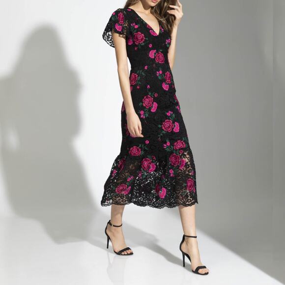 Anthropologie Shoshanna Audette Rose Embroidered Lace Midi Dress Floral Size 4 - Picture 1 of 12